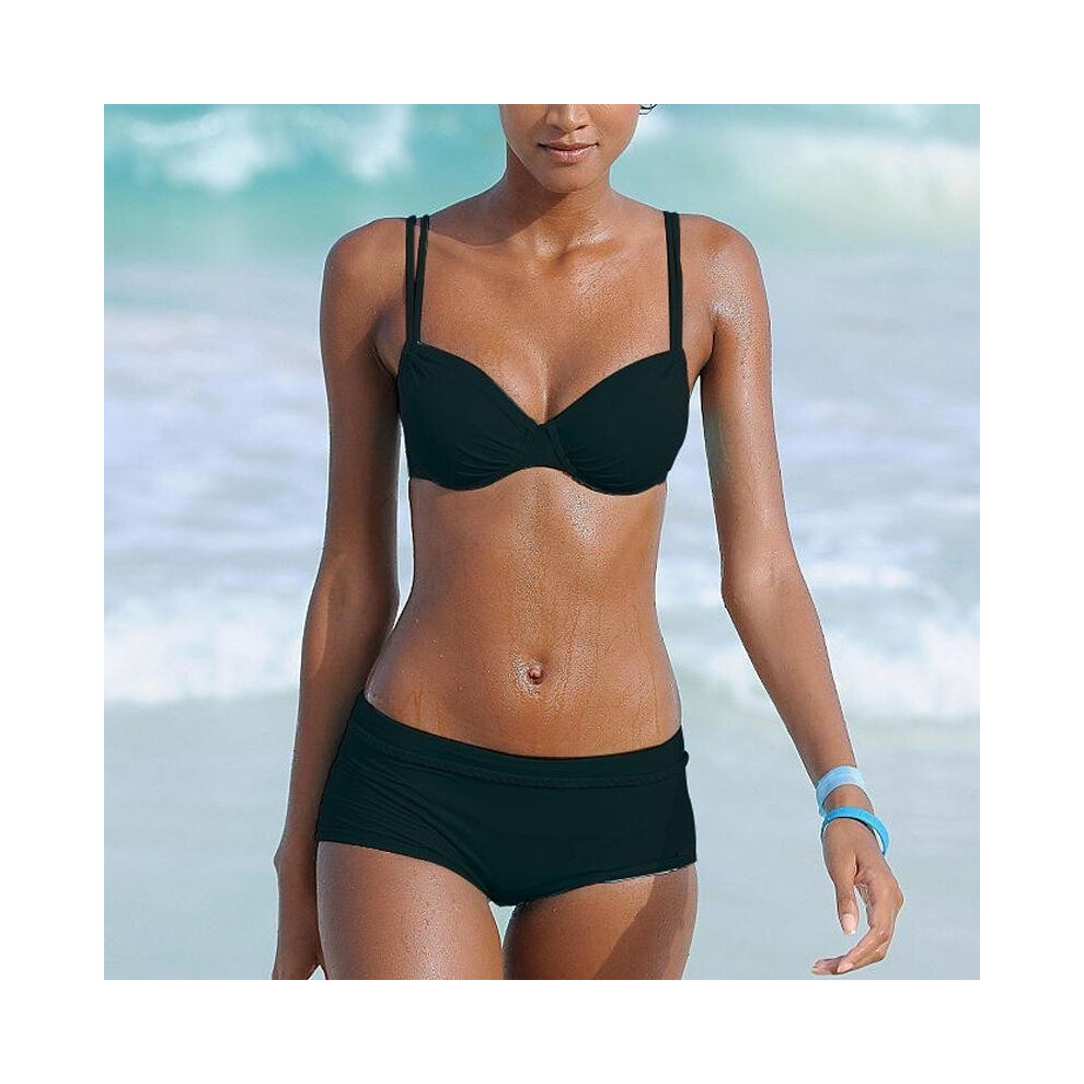(Black,S)Maillot de bain bikini femme été couleur unie vêtement short soutien gorge matière polyester