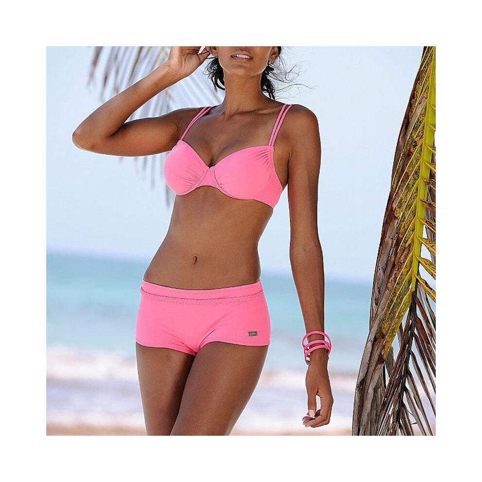 (Pink,M)Soutien gorge femme été couleur unie bikini maillot de bain vêtement short matière polyester
