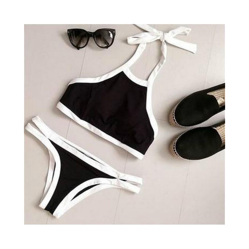 (Black,S)Maillot de bain décontracté été femme push up vêtements de plage bikini taille haute rembourrée 2 pièces
