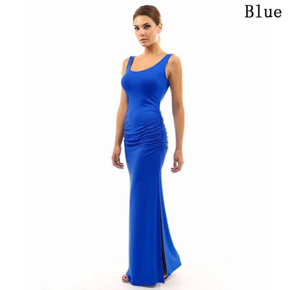 (Blue,M)Jupe plissée fine col rond été femme robe longue sans manches balançoire fendue