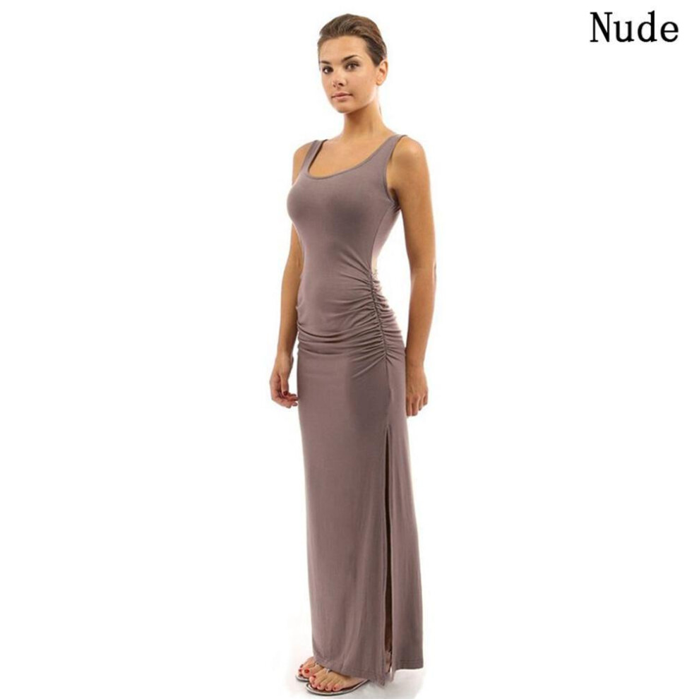(Nude,M)Jupe plissée fine col rond été femme robe longue sans manches fendue balançoire