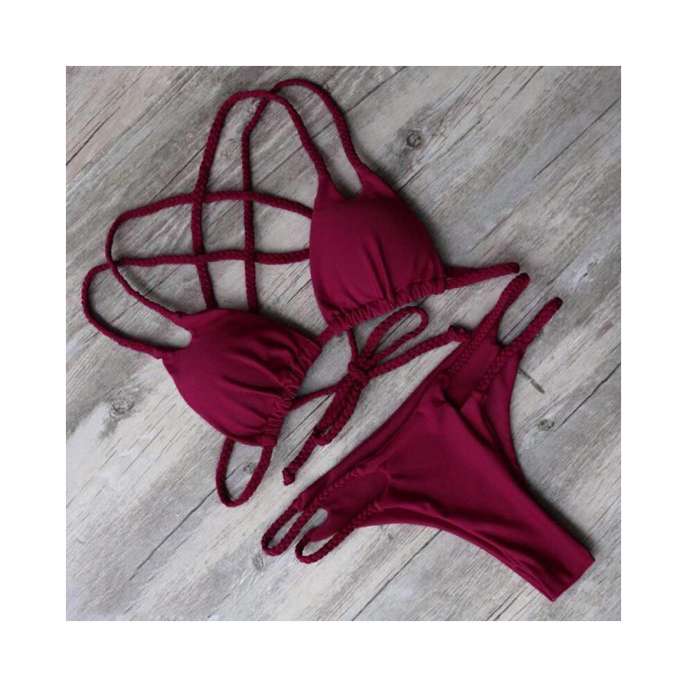 (WineRed,Tag S=US XXS)Ensemble bikini femme sexy push up rembourré bikini brésilien bain plage ensemble maillot de bain