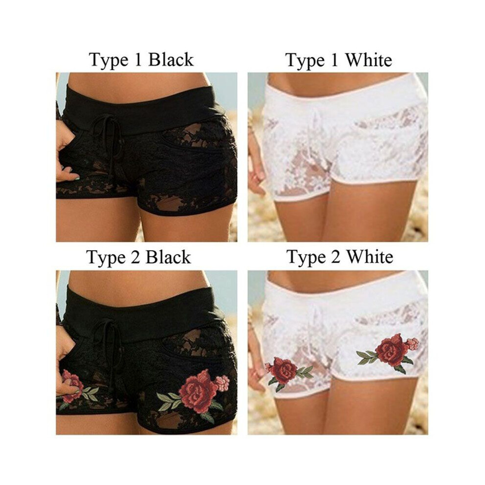 (White Rose,TagL=US S)Short mode décontracté creux sexy broderie florale short dentelle culotte transparente