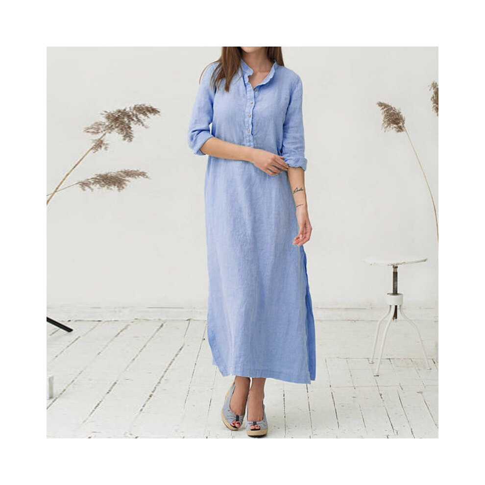 (Blue,5XL)Chemise maxi longue femme caftan coton manches longues uni Casaul oversize