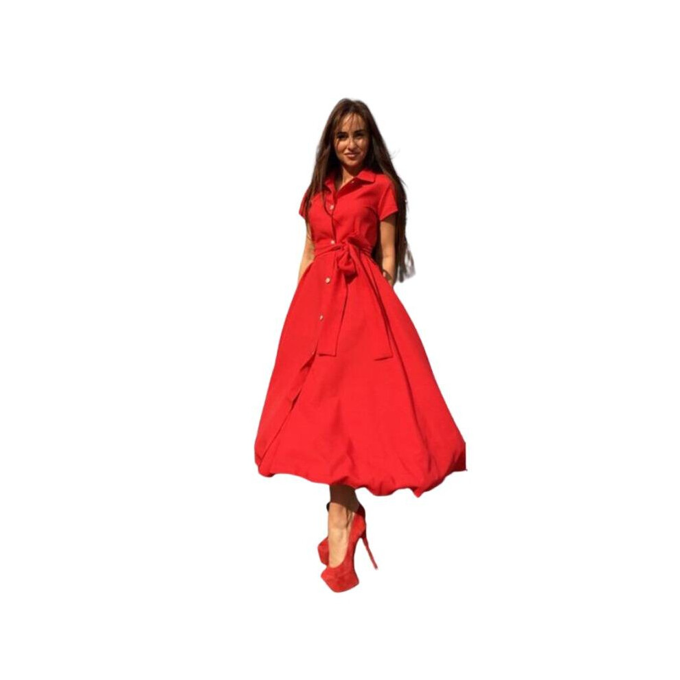 (Red,S)Robe femme col montant une ligne couleur unie fendue chemise robes mode vêtements