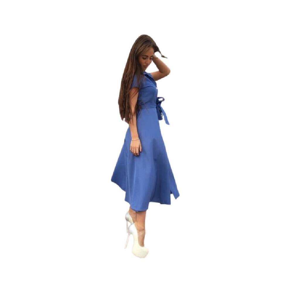 (Navy Blue,S)Robe femme col montant une ligne couleur unie fendue chemise robes mode vêtements