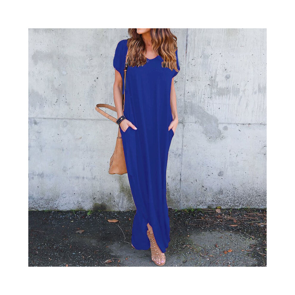 (Royal Blue,Tag XXL=US L)Mode Femmes Robe Maxi Tshirt Longue Divisée Soirée Dress Robe Été Courte Manche