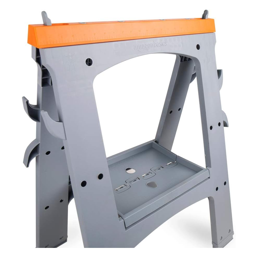Amazon Basics Portable Foldable Rectangular Sawhorse, Set of 2, 408 kg Capacity, with Storage Hooks, Easy to Use, Orang