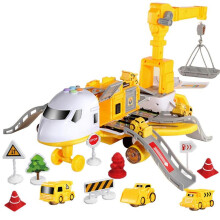 (Yellow-France)Airplane Toy Plane Toy With Music And Light Transport Cargo Airplane Toy Play Set With Vehicle Car Toy Construction
