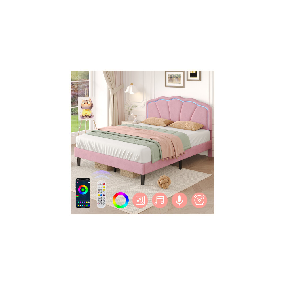 4ft6 Double Upholstered Bed with LED Adjustable Shell Shape Headboard, Pink (No Mattress)