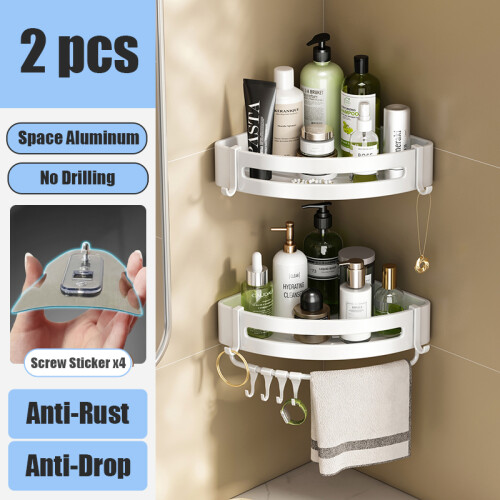 LARRO Ruimte Aluminium Multifunctionele Douche Caddy, Wandmontage Badkamer Keukenplank Afneembare Opbergrek Met Cup Shampoo Cosmetisch Scheerapparaat Kleur Nero