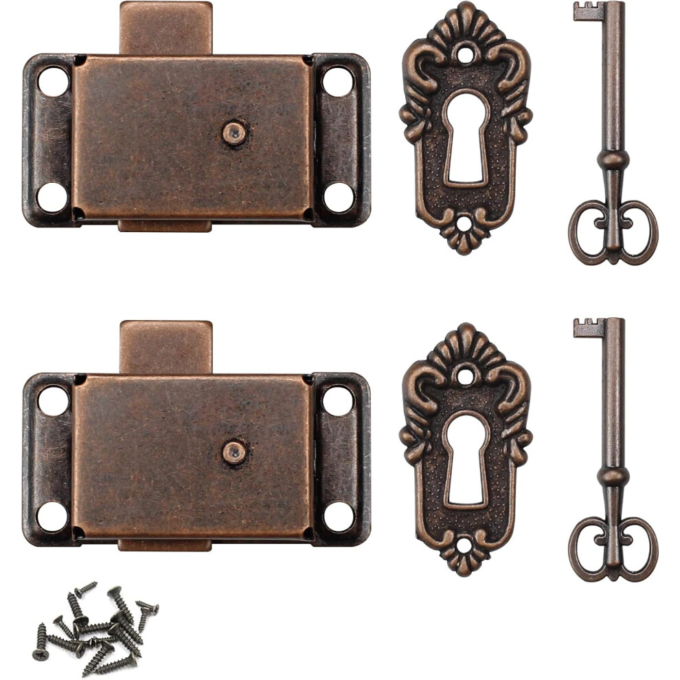 2 Pcs Antique Cabinet Door Lock Sets, Vintage Lock with Key for Wardrobes, Drawers, Boxes-image-OPC-PGXZJVY-NEW