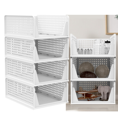 Stackable Wardrobe Organiser 4 Pack Plastic Storage Boxes for Closet, Bedroom, Kitchen & Bathroom Foldable Shelves