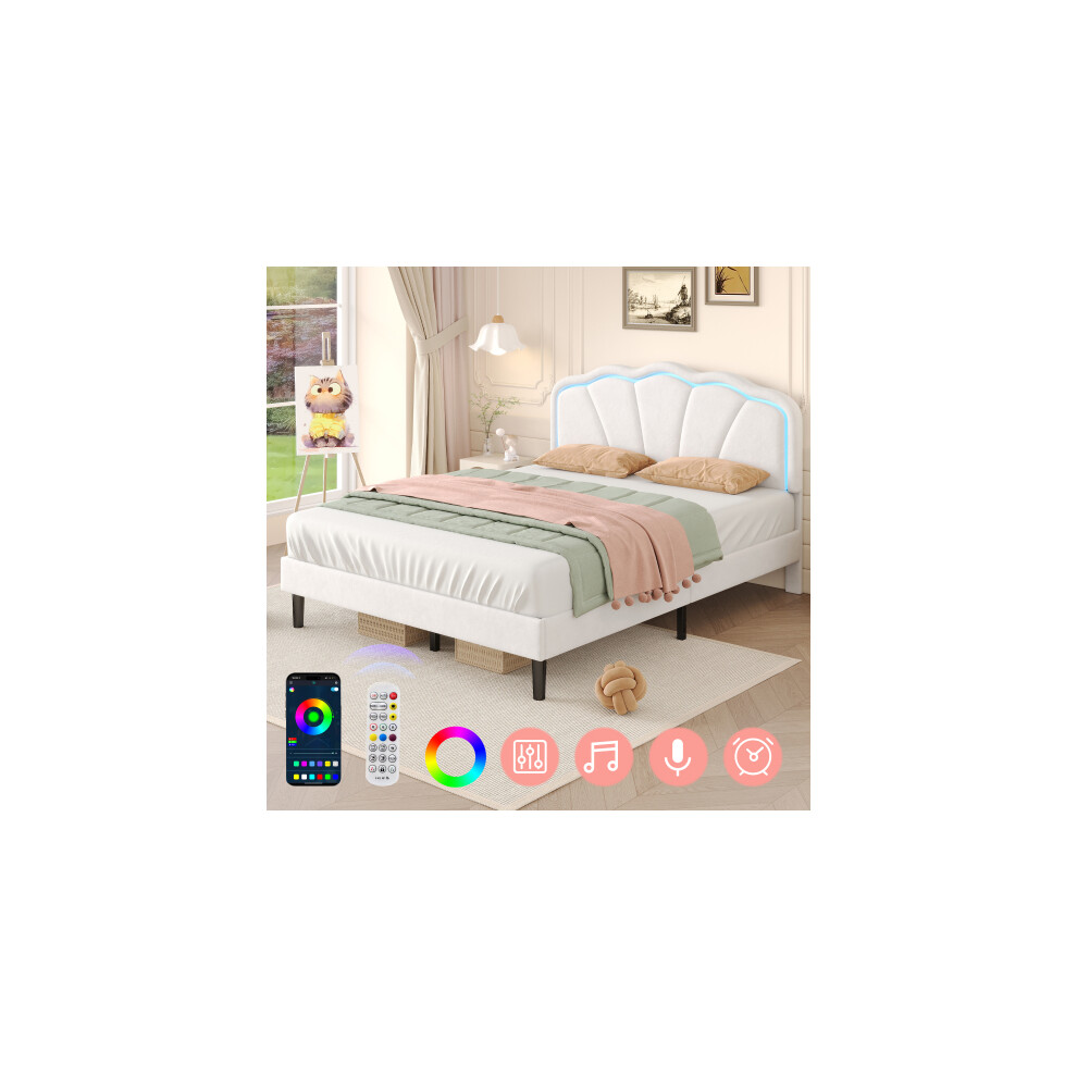 4ft6 Double Upholstered Bed with LED Adjustable Shell Shape Headboard, White (No Mattress)