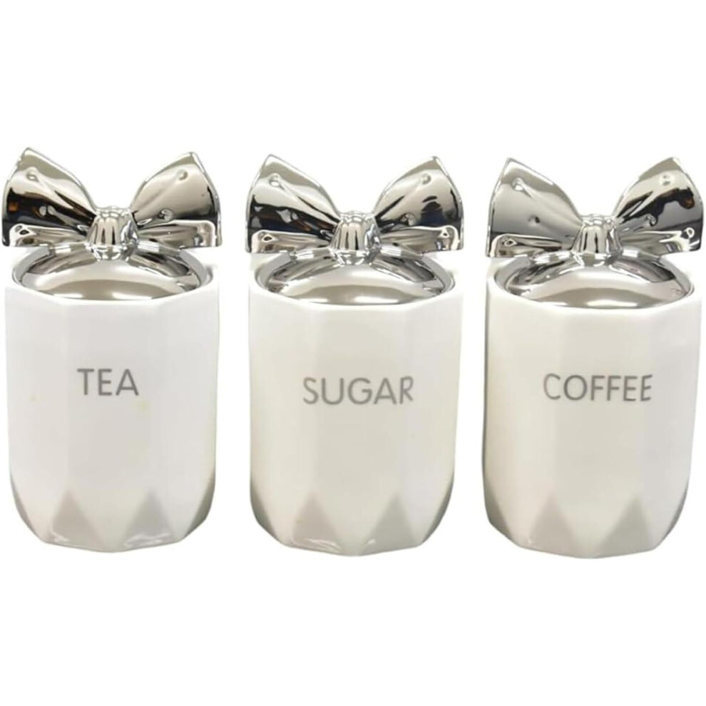 White Silver 3pcs Marble Effect Ceramic Tea, Coffee & Sugar Canisters