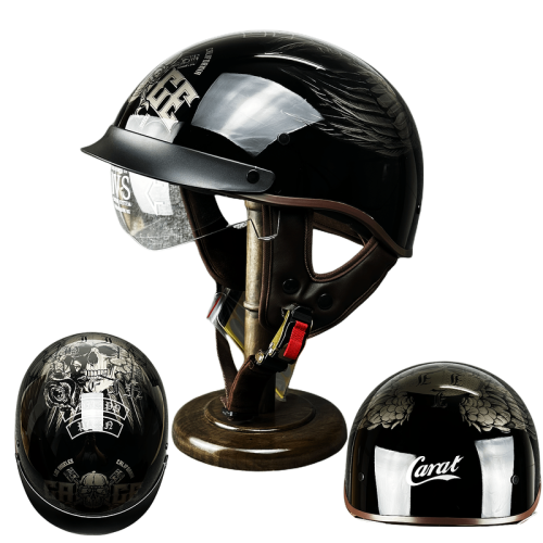 (M-Helles Schwarz) Motorradhelm mit Linsen, Retro-Halbhelm, Jethelm, offener Helm 1