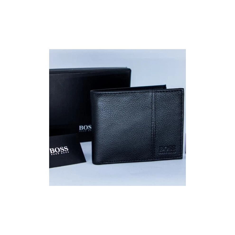 HUGO BOSS MEN TRAVELLER TRIFLD BLACK LEATHER WALLET WITH COIN POCKET