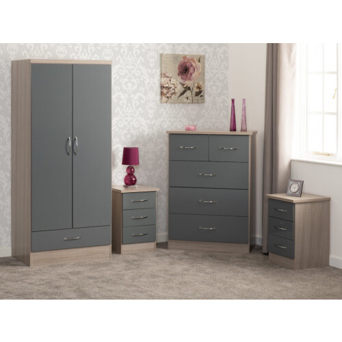 Seconique Nevada 2 Door 1 Drawer Wardrobe Bedroom Set Grey Gloss