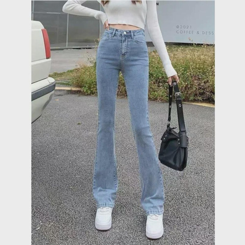 (light blue, XS) Women's High Waist Light Blue Skinny Flared Jeans - Spring 2022 Slim Fit Floor-length Design
