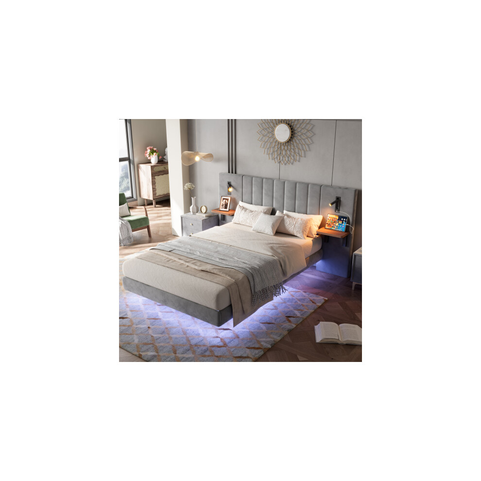 Adults teenagers 4ft6 double bed frame, 2 bedside lamps, With charging socket, Headboard storage function, Velvet+Iron, Grey