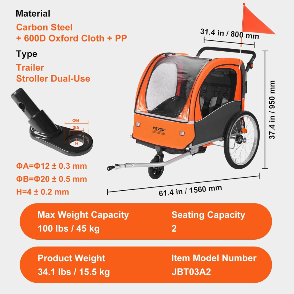 VEVOR Bike Trailer for Toddlers, Kids, Double Seat, 100 lbs Load, 2-In-1 Canopy Carrier Converts to Stroller, Tow Behin