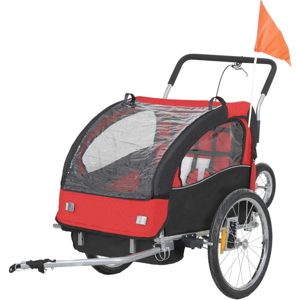 HOMCOM Bike Trailer 2-Seater for Bicycle Baby Child with Removable Canopy Storage Pocket Hitch Coupler Outdoor Steel Fr
