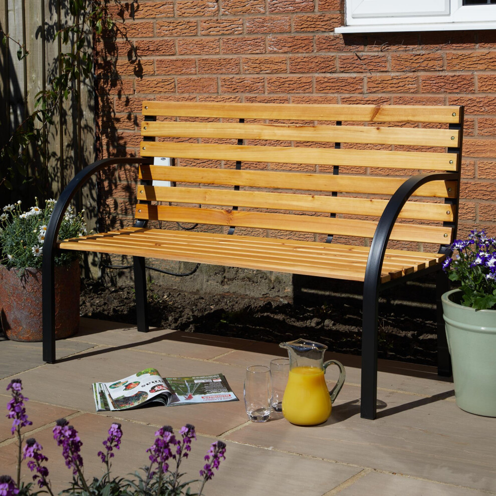 Garden Bench Metal Framed Curved Wooden Seats 2 Person Outdoor