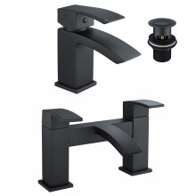 Tesa Waterfall Bath Filler Tap, Basin Mixer Tap Set & Waste Black Matte