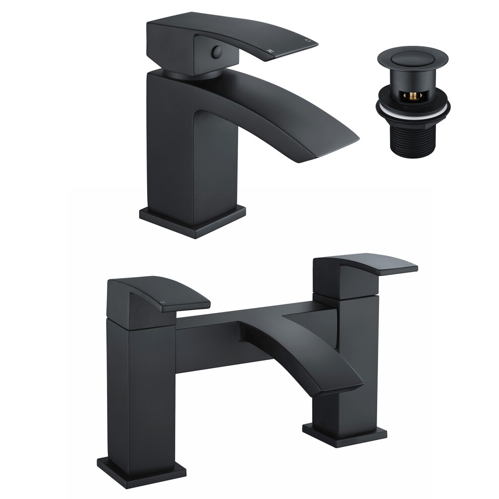 Tesa Waterfall Bath Filler Tap, Basin Mixer Tap Set & Waste Black Matte