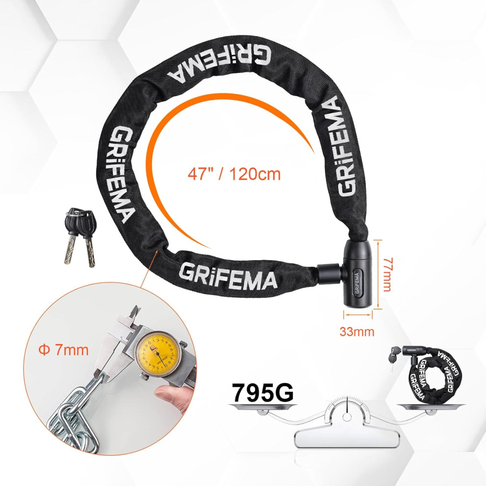 GRIFEMA GA1201-12 Bike Locks High Security with 2 Keys, Bike Chain Lock Heavy Duty, 120cm Bicycle/Cycling Locks for Bik