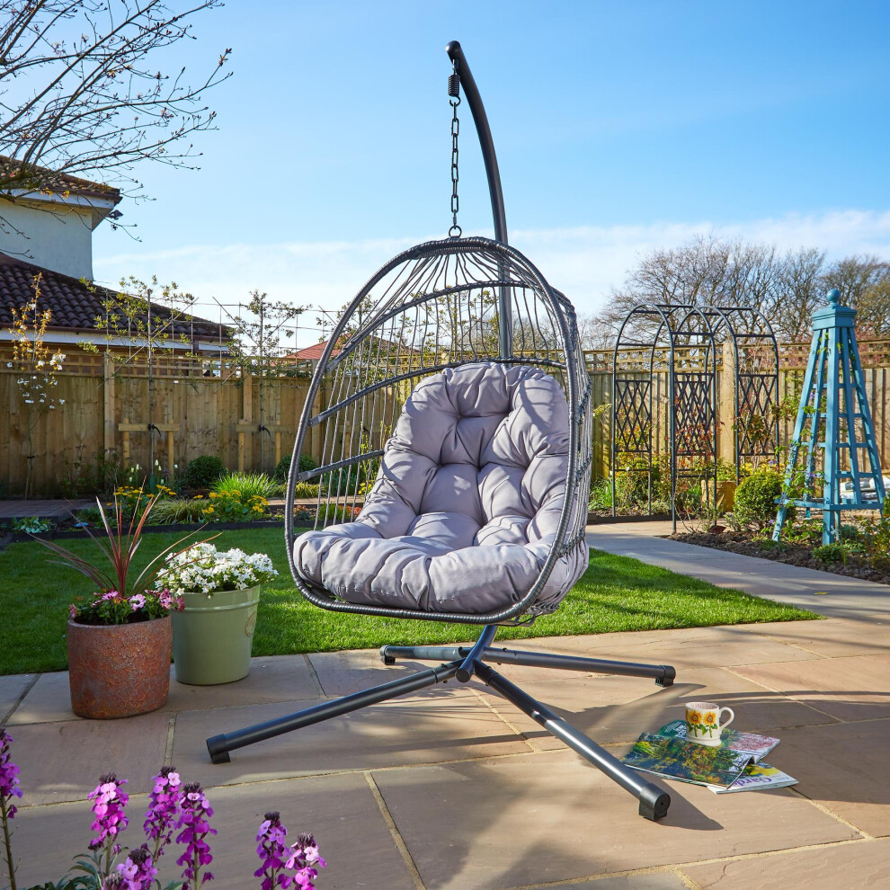 Hanging Egg Chair Rattan Black Waterproof Cushion Indoor Outdoor Seat