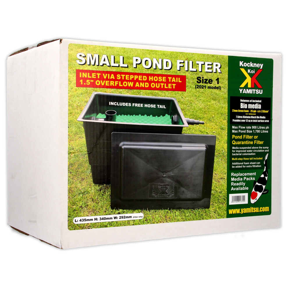 Kockney Koi Box Filter – Yamitsu Garden Pond Filter System, 900 L/H, 2-Stage Filtration, Integral Overflow, Complete Kit Black