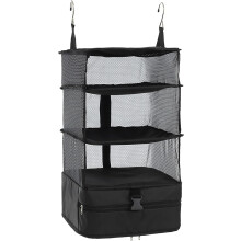 Portable Travel Wardrobe Foldable Compression Clothes Storage Bag with Built-in Shelves for Carry-On Luggage Wardrobe, Small Black