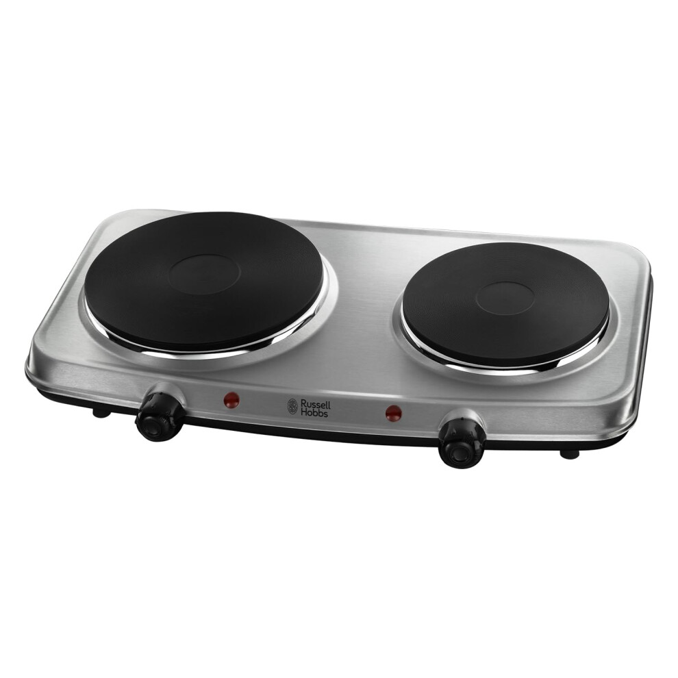 Russell Hobbs Double Hot Plate Electric Stainless Steel Hob, 2 Cast iron plates, Large 1500W, Small 750W, Portable, Table top, Variable & Individual