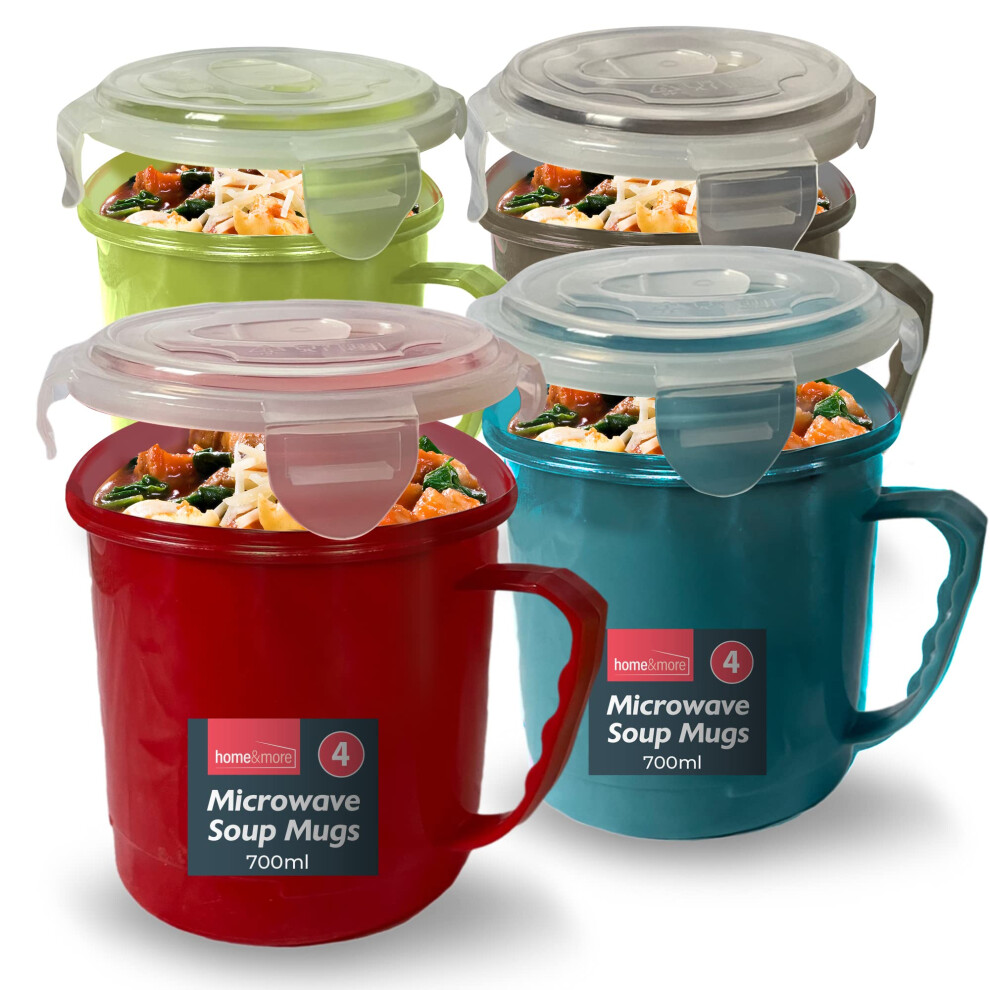 SOL 4pk Microwave Soup Mugs 700ml - Heat-Resistant Microwavable Bowls for Home & Office - Leak-Proof and Dishwasher-Safe Food Containers