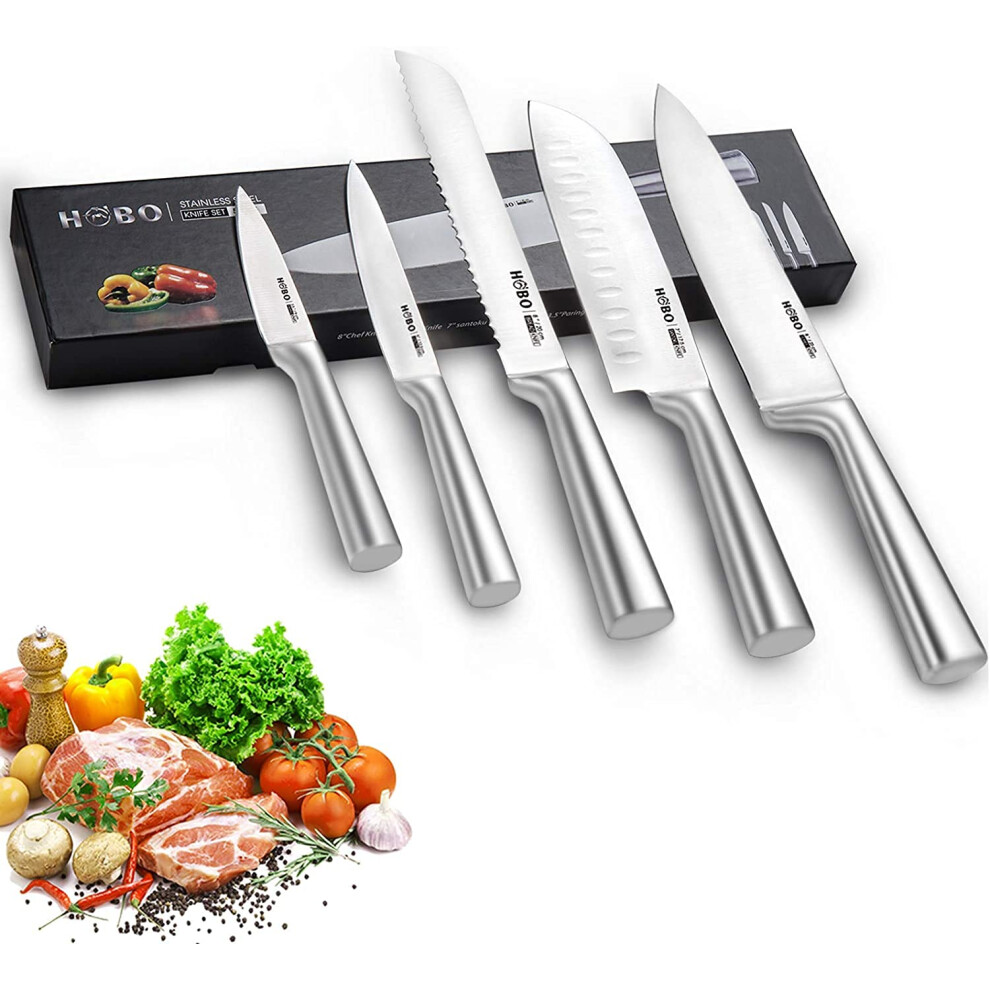 HOBO Kitchen Knife Sets, 5 Piece Stainless Steel Kitchen Knives with Ultra Sharp Blade and Frosted Handle, Includes Chef Knife, Bread Knife, Santoku