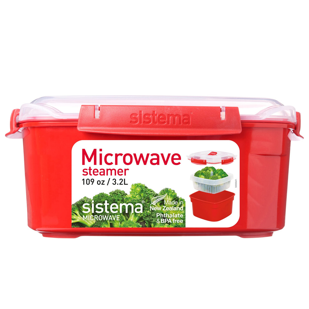 Sistema Microwave Food Steamer with Removable Steamer Basket | Large 3.2 L | Red/Clear