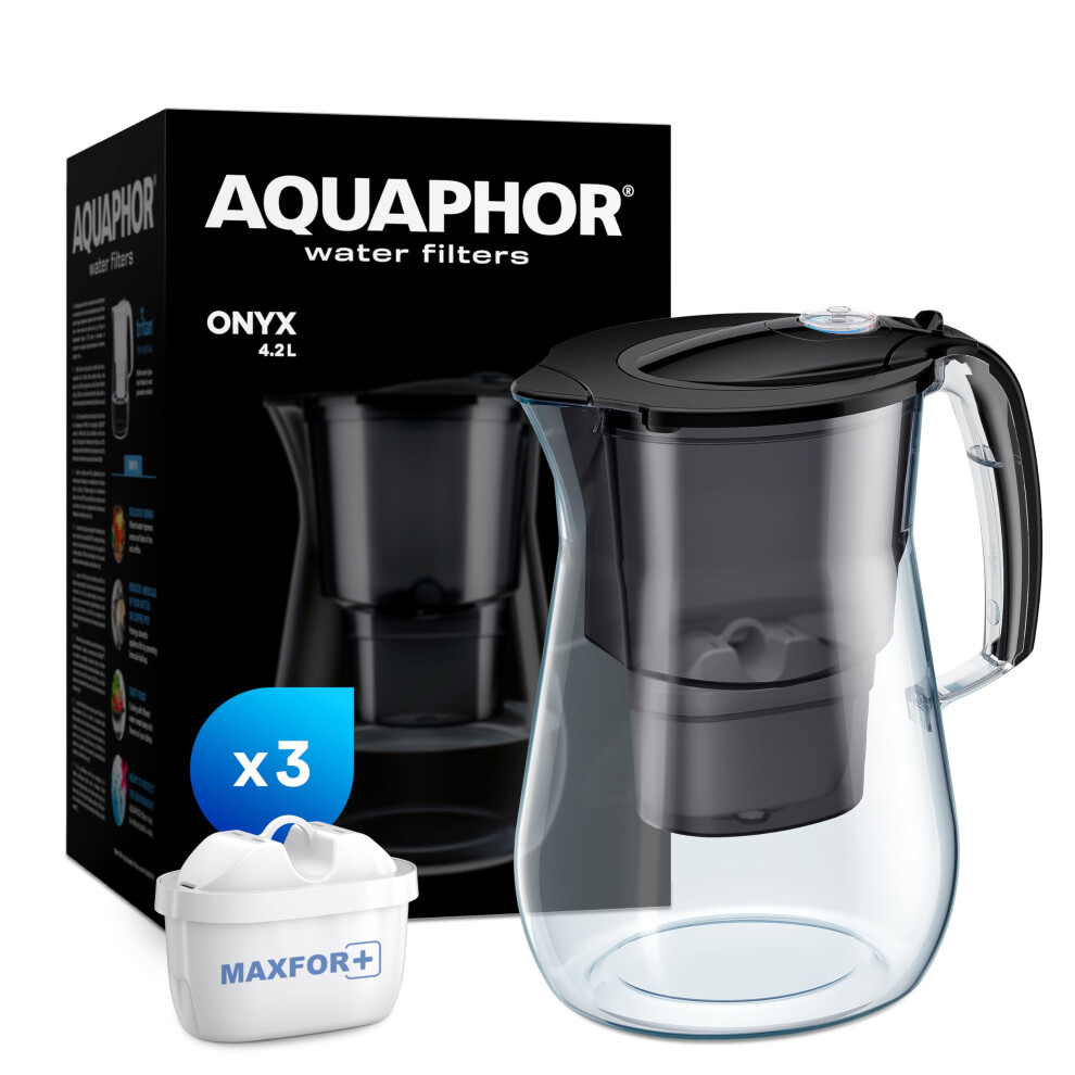 AQUAPHOR Onyx Black Water Filter Jug - Counter Top Design with 4.2L Capacity, 3 X MAXFOR+ Filters Included Reduces Limescale Chlorine & Microplastics