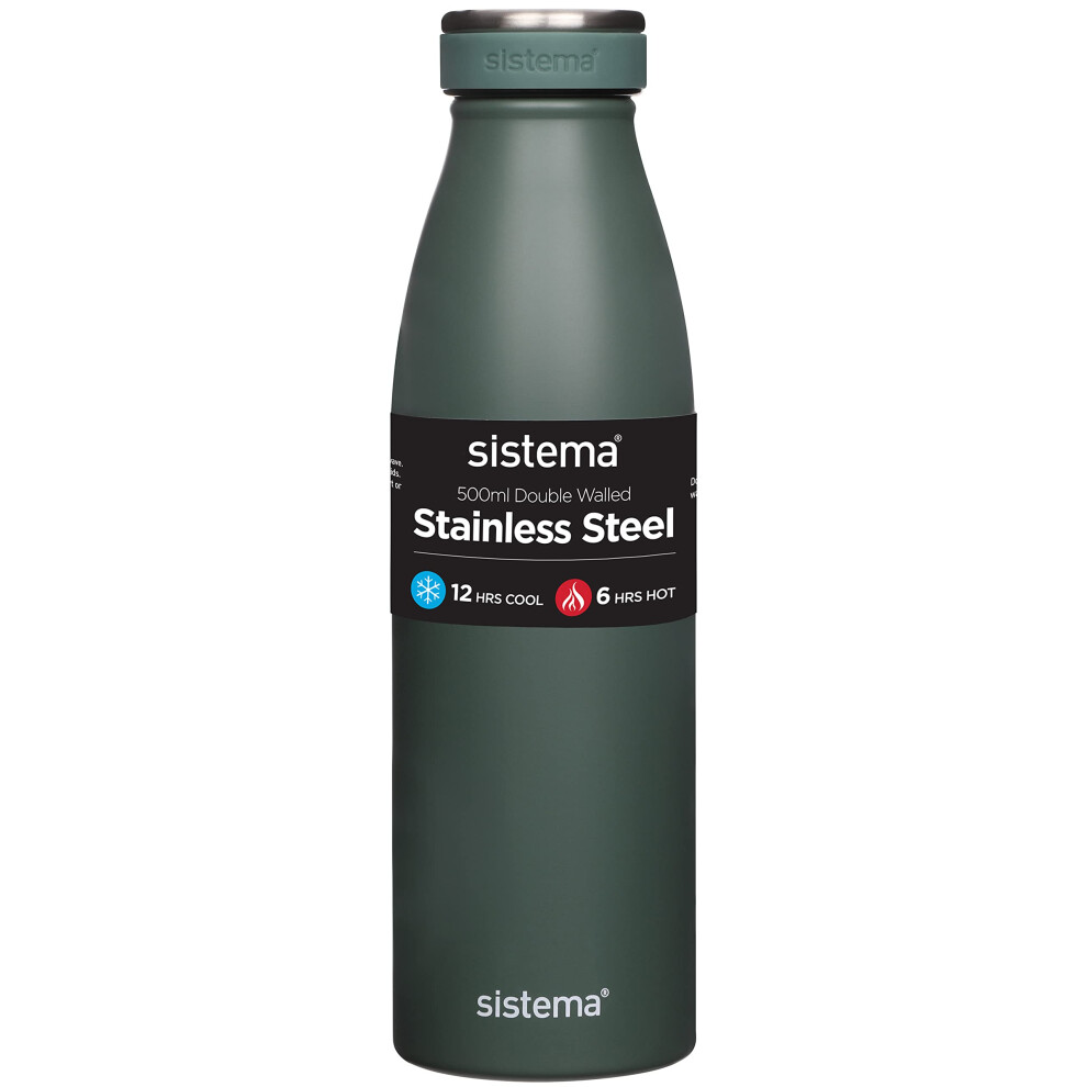 Sistema Hydrate Stainless Steel Water Bottle, 500 ml Leak-Proof Reusable Water Bottle, BPA & Phthalate Free, Double Wall Vacuum Insulation, Keeps Cold