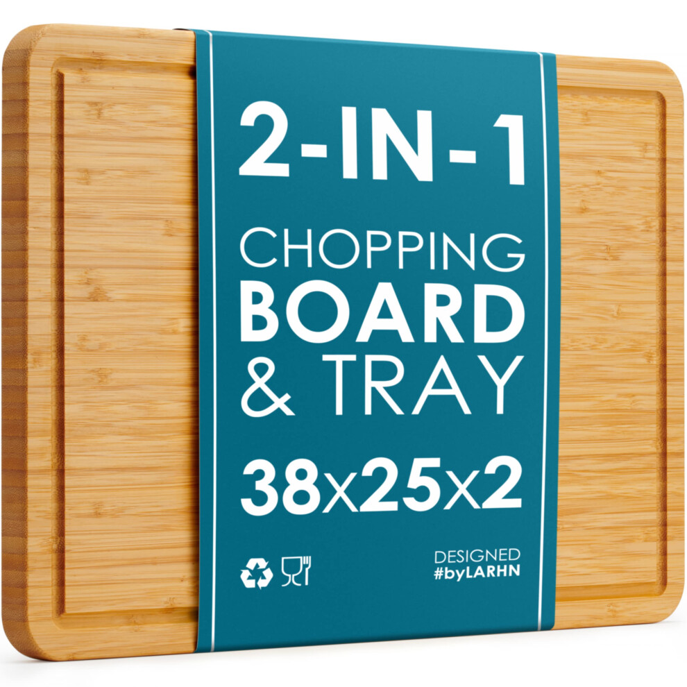 Premium Organic 2-in-1 Large Wooden Chopping Board & Serving Tray ? 38x25x2cm ? Multi-Purpose Bamboo Cutting Board with Juice Groove for Carving Meat,