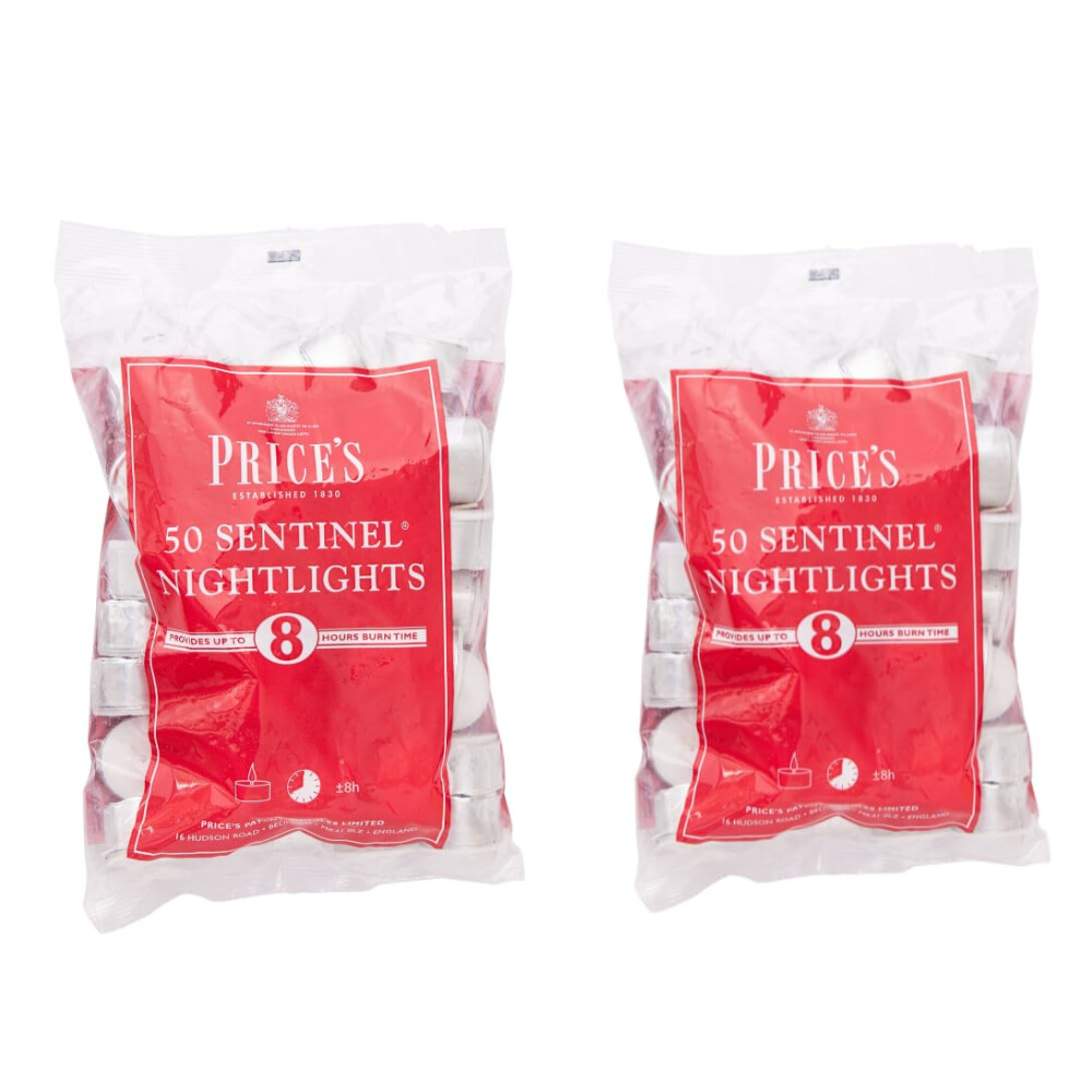 Price's Candles 2 x 50 Pack Sentinel Range 8 Hour Tealights Bags | Perfect Long Burning Tea Lights for Home, Catering or General Use | 100 Standard
