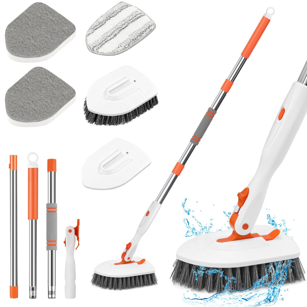 Wenya Shower Cleaning Brush Long Handle, Extendable Tile Scrubber Stiff Bristle Cleaner Brush With Sponge Mop And Microfiber Pad For Bathroom Floor