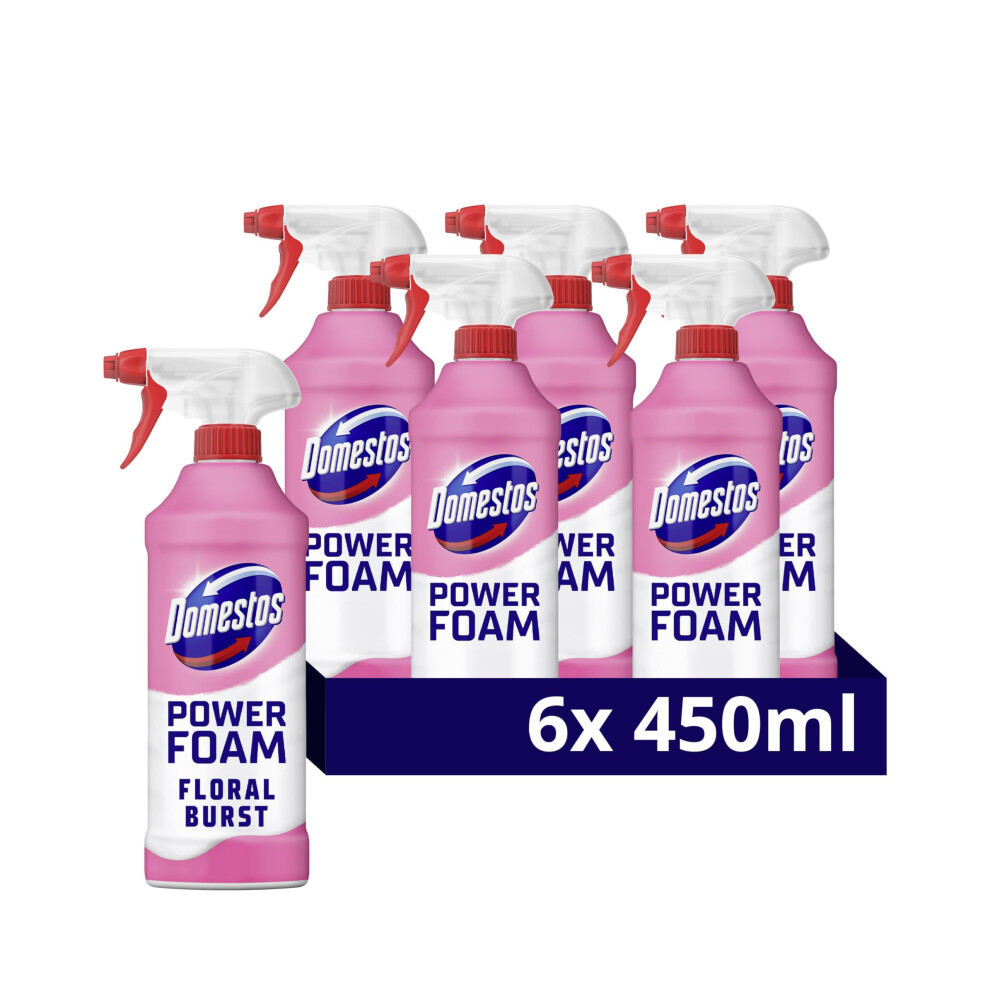 Domestos Power Foam Floral Burst Toilet & Bathroom Cleaner Spray sprays upside down & eliminates 99.99% of germs* for cleaning inside the toilet &