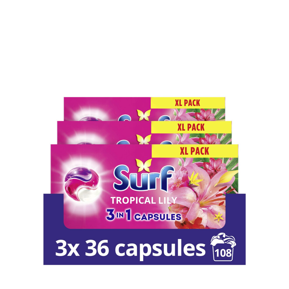 Surf 3 in 1 Tropical Lily Laundry Washing Detergent Capsules joy-infused fragrance with natural essential oils lasting up to 12 hours in wear for