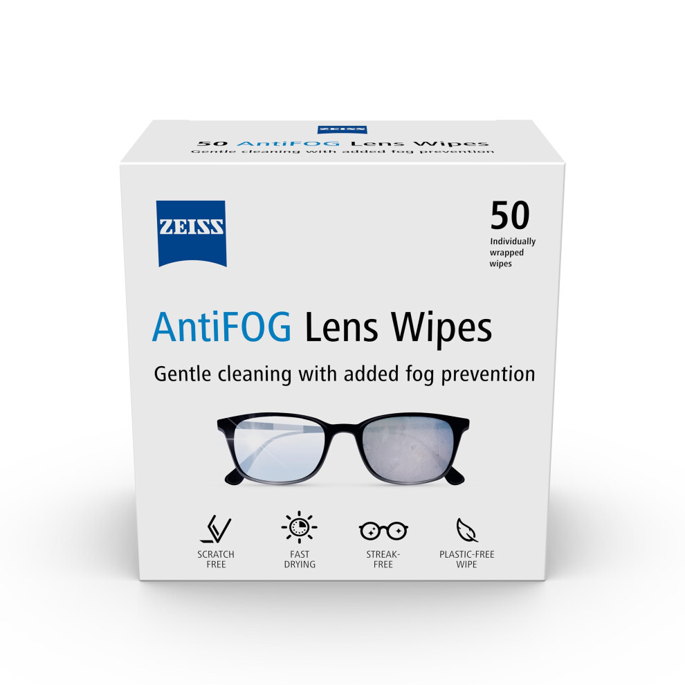 ZEISS AntiFOG Wipes, Lens Cleaner for Glasses, Cameras & Binoculars, Individually Packed Single Use Disposable Cloths in Sachets, for Handy and