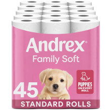 Andrex Family Soft Toilet Tissue 45 Rolls (Previously Andrex Gentle Clean) Gentle on your Family?s skin? Bulk Pack of 45 Toilet Rolls, FSC Certified