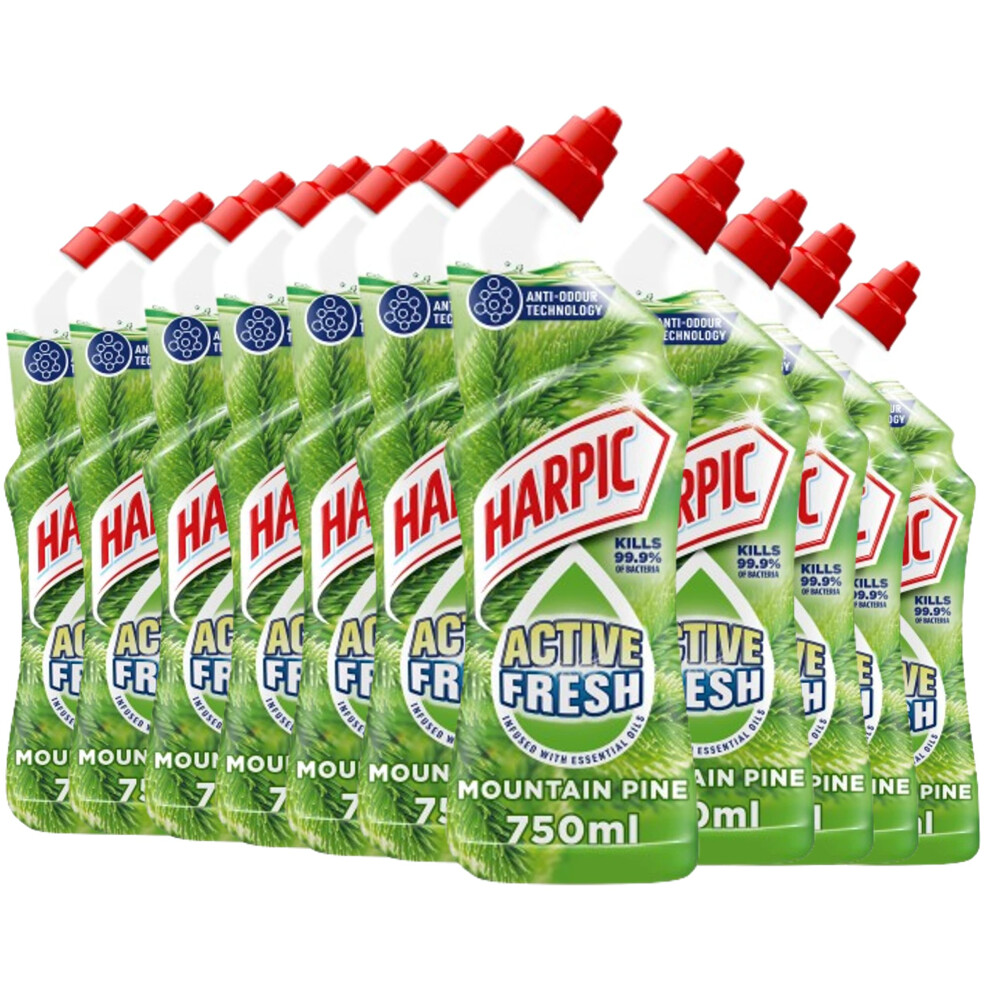 Harpic Active Fresh Toilet Cleaning Gel, Mountain Pine, Pack 12 x 750 ml, Infused with Essential Oils, Kills 99.9% of Bacteria, Toilet Cleaner