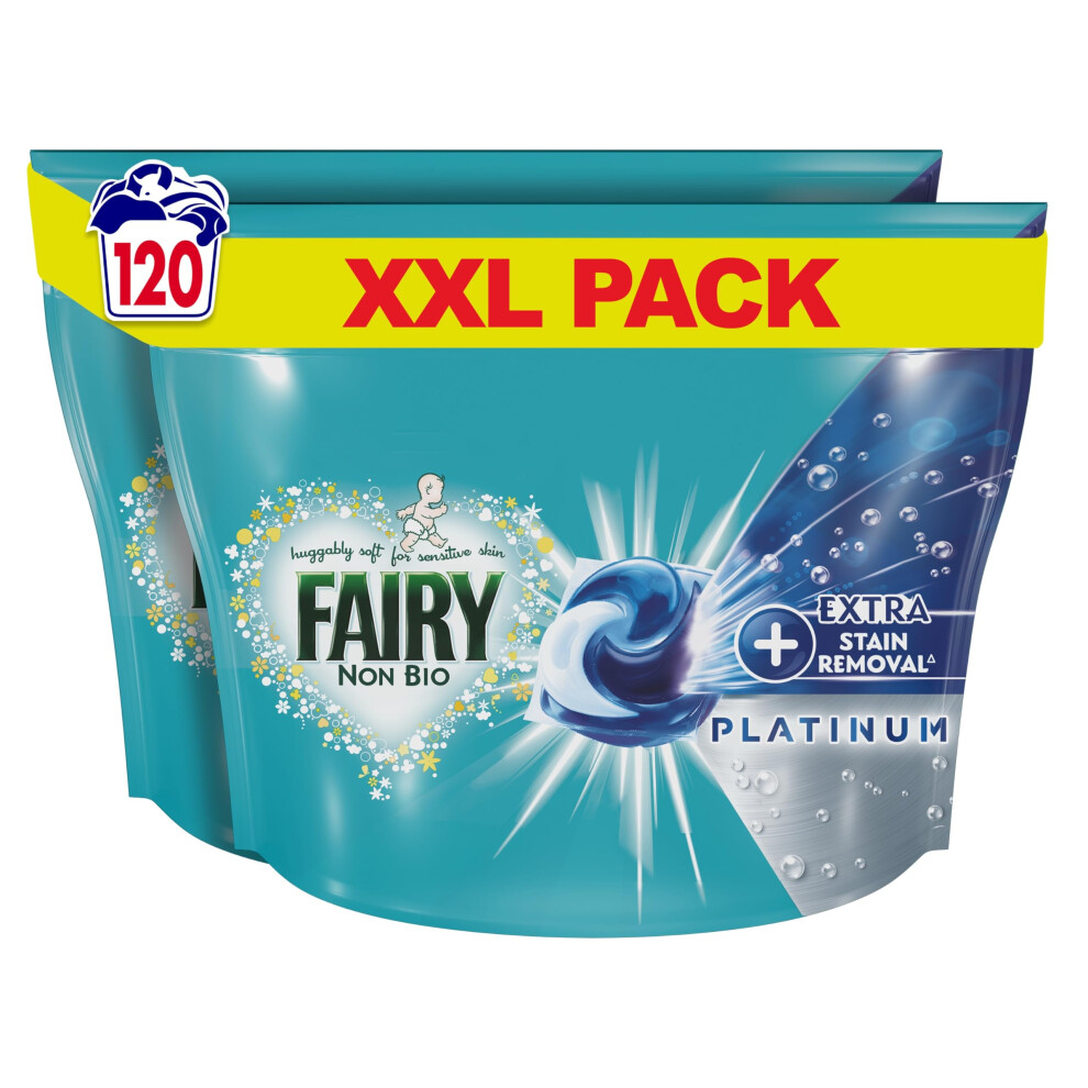 Fairy Non Bio PODS Washing Liquid Laundry Capsules 120 Washes (60x2), Platinum, With Extra Stain Removal For Sensitive Skin