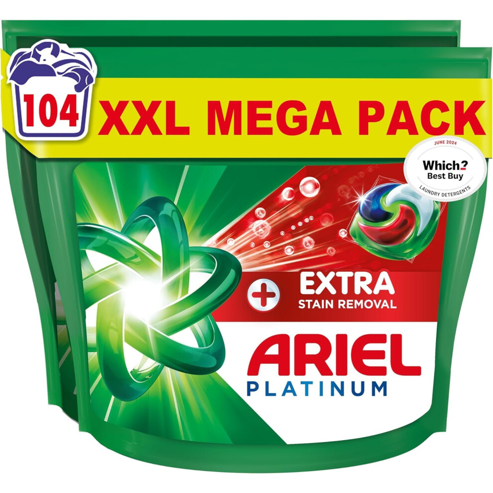 Ariel Platinum PODS? Laundry Detergent Capsules, 104 Washes (52 x 2) ? Extra Stain Removal, Removes 7-Day Dried-In Stains