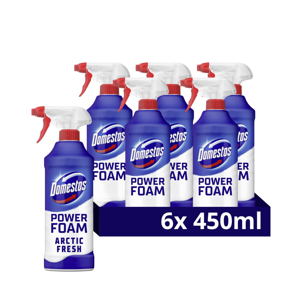 Domestos Power Foam Arctic Fresh Toilet & Bathroom Cleaner Spray sprays upside down & eliminates 99.99% of germs for cleaning inside the toilet &